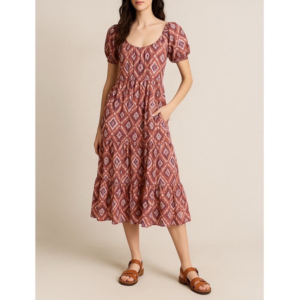 Knox Rose Rust Purple Ikat Puff Sleeve Tiered Midi Dress Pockets Tie Back Size L